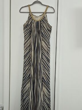 Charming Charlie Navy and Cream Striped Maxi Dress with Beaded Neckline